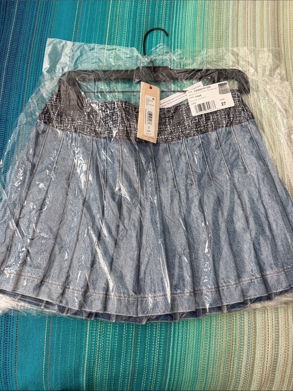Alice + Olivia Light Blue Denim Skater Skirt with Black Smocked Waist
